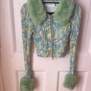 House of Sunny Blue and Yellow Swirl sweater with Green Fur